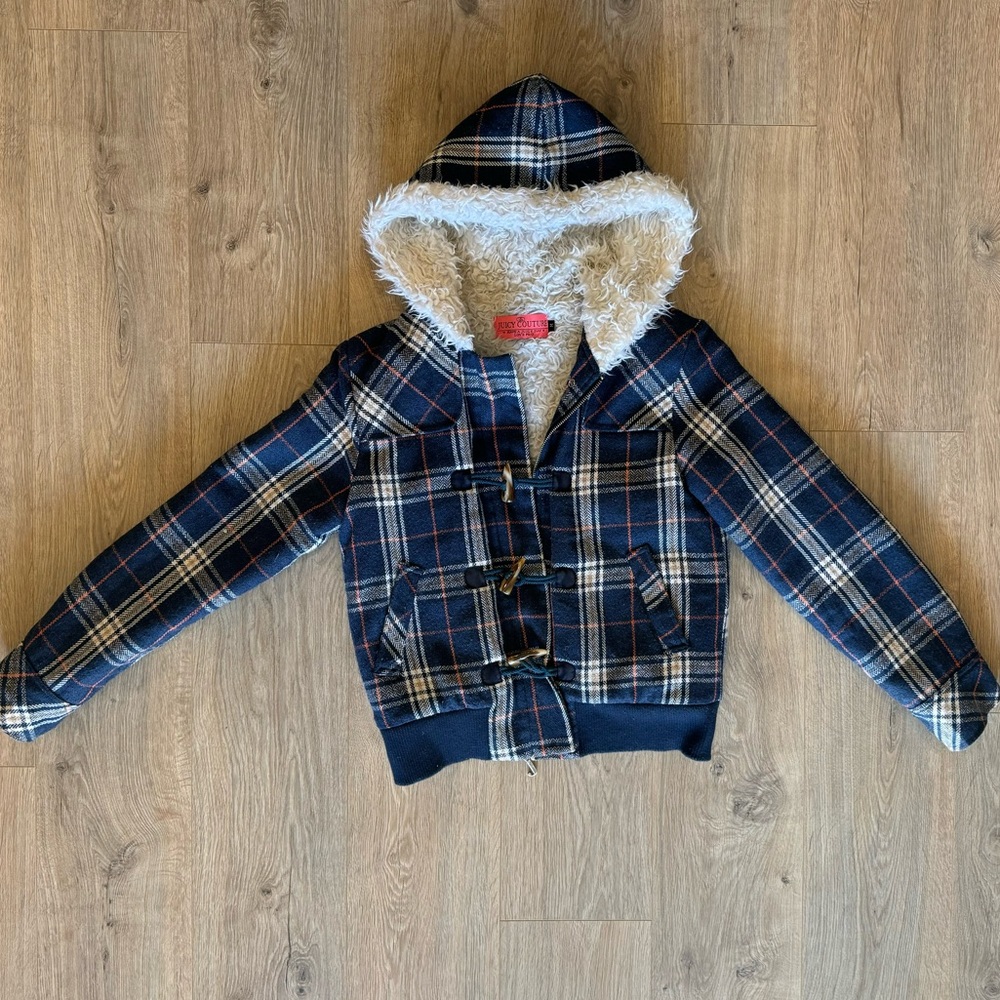 Juicy Couture Hooded Shearling Toggle Closure Wool Plaid Duffel Jacket